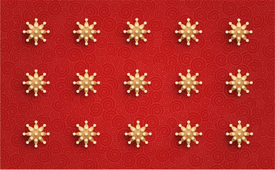 Golden flowers with pearls on a red-pink background with whirlpool patterns. Free space. Greeting card.
