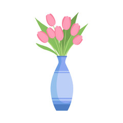 Beautiful Pink Tulip Flowers in Vase, Bouquet of Blooming Flowers for Interior Decoration Vector Illustration