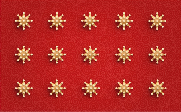 Golden flowers with pearls on a red-pink background with whirlpool patterns. Free space. Greeting card.