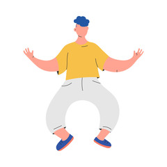 Flat vector illustration of male dancer character having fun. Happy person moving on white background. Colorful hand drawn drawing in modern cartoon style. Man dancing pose.