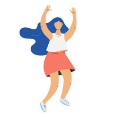 Flat vector illustration of female dancer character having fun. Happy person moving on white background. Colorful hand drawn drawing in modern cartoon style. Woman dancing pose.