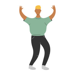 Flat vector illustration of male dancer character having fun. Happy person moving on white background. Colorful hand drawn drawing in modern cartoon style. Man dancing pose.