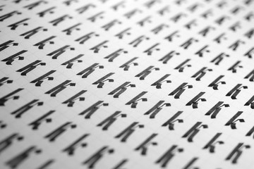 Calligraphy black and white letters K background. Lettering practice writing worksheet. Handwriting...