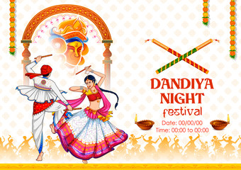 illustration of couple playing Dandiya in disco Garba Night banner poster for Navratri Dussehra festival of India