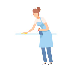 Female Professional Cleaner Wiping Dust with Sprayer and Sponge, Cleaning Company Staff Character Dressed in Uniform with Equipment Flat Vector Illustration