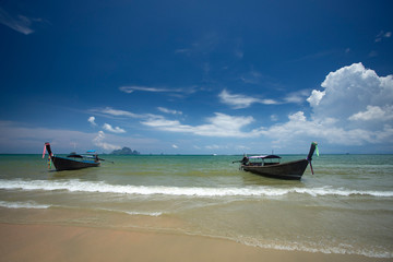 Fototapeta na wymiar Ao Nang Beach with traditional longtail boats, Krabi, Thailand.