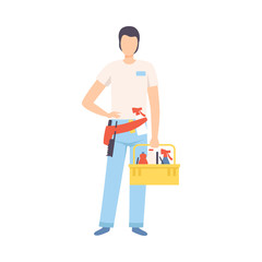 Male Professional Cleaner with Basket of Detergents, Cleaning Company Staff Character Dressed in Uniform with Equipment Flat Vector Illustration