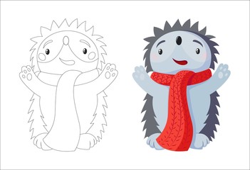 Kawaii prickly hedgehog smiles. Flat hand drawn illustration kids book page
