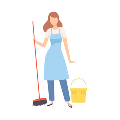 Female Professional Cleaner with Bucket and Broom, Cleaning Company Staff Character Dressed in Uniform with Equipment Flat Vector Illustration