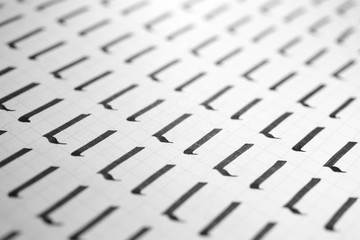 Calligraphy black and white letters L background. Lettering practice writing worksheet. Handwriting...