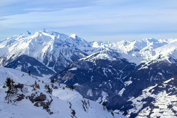 Plakat Austrian Alps in winter. Zillertal Arena mountain landscape at Tirol, Top of Europe