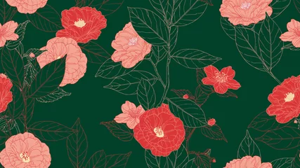 Fototapeten Floral seamless pattern, camellia flowers with leaves in red line art ink drawing on dark green © momosama