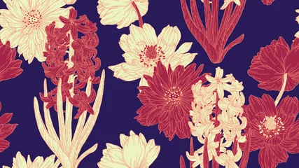 Afwasbaar fotobehang Floral seamless pattern, hyacinth and anemone flowers in red and light yellow line art ink drawing on dark blue © momosama