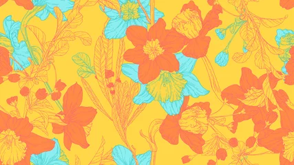 Gordijnen Naadloze bloemmotief, narcis, sakura en bladeren in oranje en blauwe lijntekeningen inkt tekenen op geel © momosama