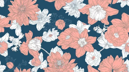 Muurstickers Floral seamless pattern, daffodil, camellia and anemone flowers with leaves in light red and white line art ink drawing on dark blue © momosama