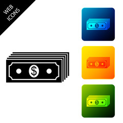 Paper money american dollars cash icon isolated on white background. Money banknotes stack with dollar icon. Bill currency. Set icons colorful square buttons. Vector Illustration