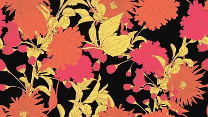 Gordijnen Floral seamless pattern, daffodil, sakura, hydrangea and chrysanthemum morifolium flowers in orange, pink and yellow line art ink drawing on dark grey © momosama