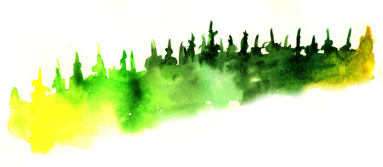 Watercolor background of coniferous trees silhouettes.