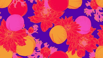 Gordijnen Floral seamless pattern, daffodil, anemone flowers and peach in red, yellow and pink line art ink drawing on purple © momosama