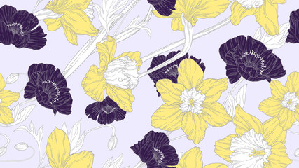 Floral seamless pattern, daffodil, daffodil and poppy flowers in yellow and purple line art ink drawing on light grey