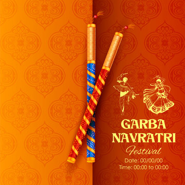 illustration of couple playing Dandiya in disco Garba Night banner poster for Navratri Dussehra festival of India