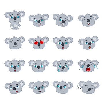 Big set of heads with expressions of emotions of funny koala bear in cartoon style isolated on white background