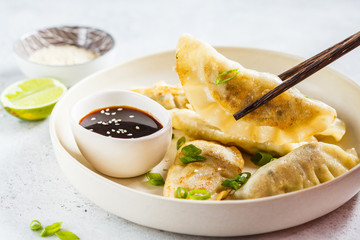 Fried Korean dumplings with green onion and sauce on white plate.