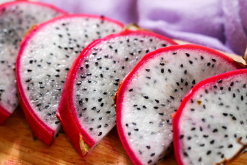 Slices of dragon fruit or pitahaya for a vegan breakfast