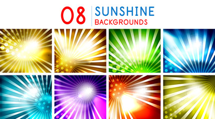 Shiny sunny flares abstract background collection. Bright solar glow lights, sky conceptual templates