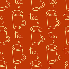 Seamless background with hand drawn tea Cup. Inscription Tea . Suitable for cloth, fabric, wrapping paper, menu, cafe.