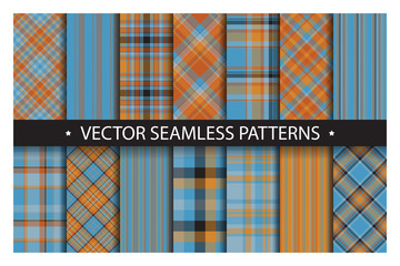Set plaid pattern seamless. Tartan patterns fabric texture. Checkered geometric vector background. Scottish stripe blanket backdrop