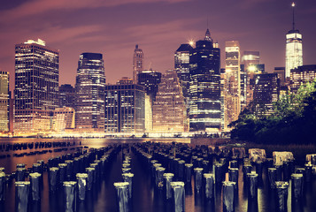 Manhattan waterfront at night, color toned picture, New York, USA.