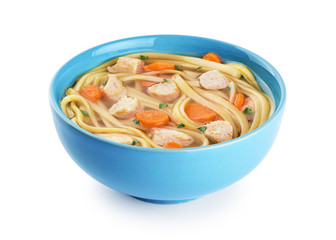 Chicken noodle soup isolated on white background.