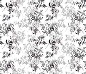 Fototapeta premium Hand drawn watercolor floral pattern with black ink rosehip