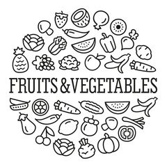 Vegetables and fruits icons in a circular shape