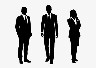 Business people group silhouettes pose on white background, flat line vector and illustration.