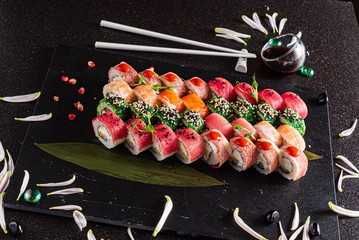 sushi on the black background