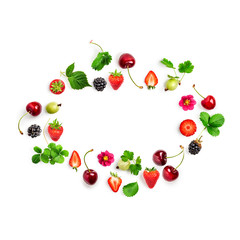 Berries summer fruits frame on white background