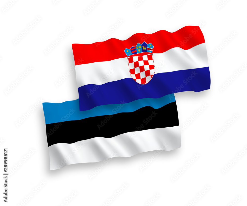 Wall mural National vector fabric wave flags of Estonia and Croatia isolated on white background. 1 to 2 proportion.