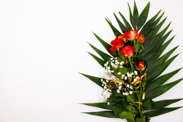 Floral bouquet of multi-color roses on white isolated background top view. Greeting card Gift for mother's day, March 8.