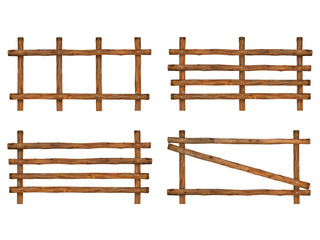 Set of brown timber fence or decorative wooden fence isolated on white background. Object with clipping path
