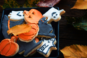 Funny delicious Halloween cookies on the table. horizontal top view