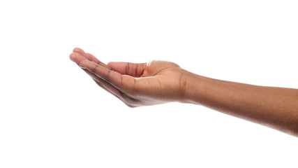 Black woman's hand keeping empty cupped palm on white background.