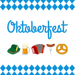 Oktoberfest banner with festival icons. Beer festival background with beer mug, pretzel, accordion, Bavarian hat, and sausage. Vector illustration. © metelsky25