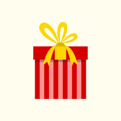 Gift box icon with ribbon and bow. Present package for Christmas or Birthday celebration. Design element for surprise, party, greeting card.  Vector illustration.