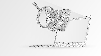 Letter w, magnifying glass on notebook screen. World wide web analysis, domain search, www address concept. Abstract, digital wireframe low poly mesh Raster white origami 3d illustration. Line dot