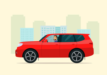 SUV car with a driver man on a background of abstract cityscape. Vector flat style illustration.