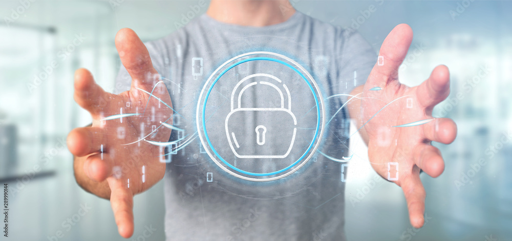 Poster businessman holding security padlock wheel icon with stats and binary code 3d rendering