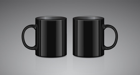 Black tea mug. Side view. Realistic vector Mock up Cup Template