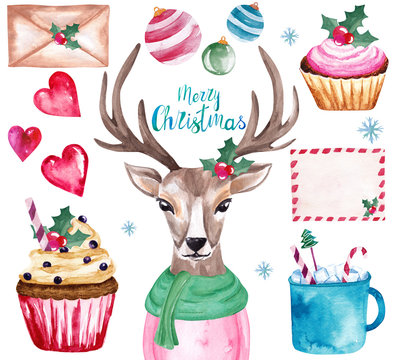 Watercolor Christmas set. Watercolor elements for Christmas greeting card